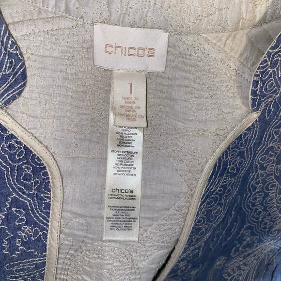 Chico's Embroidered Quilted Chambray Open Front Jacket Blue Medium - Picture 5 of 6